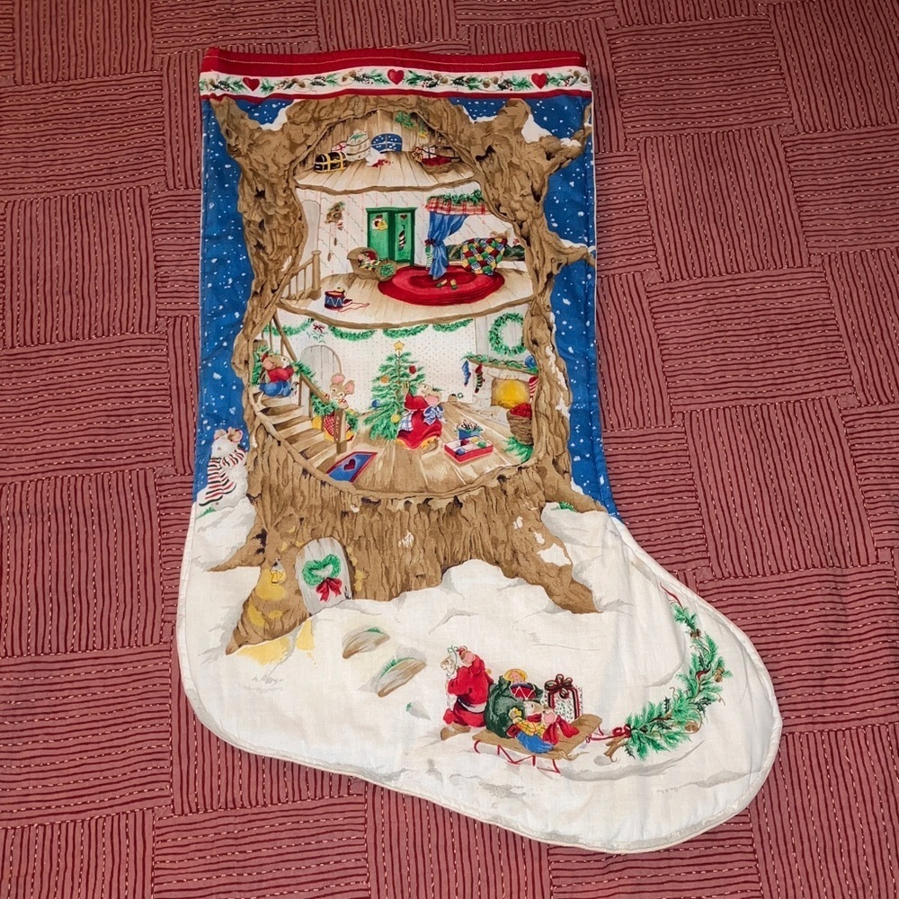 Oversized vintage Xmas Festive Holiday Stocking with Treehouse Design